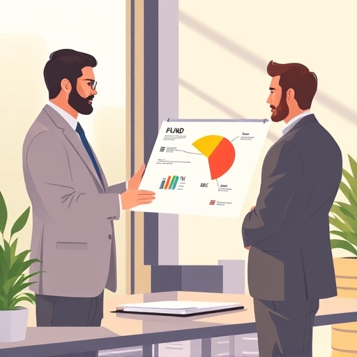 An illustrative depiction of a financial advisor presenting a pie chart of fund distributions to an attentive investor in a modern office setting with soft natural light casting a warm glow