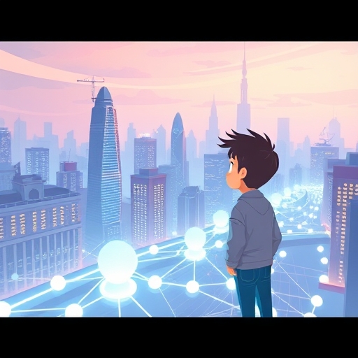 好奇的新手觀察發光的區塊鏈網路，互聯節點在未來城市景觀中以柔和粉彩色調呈現，希望氛圍