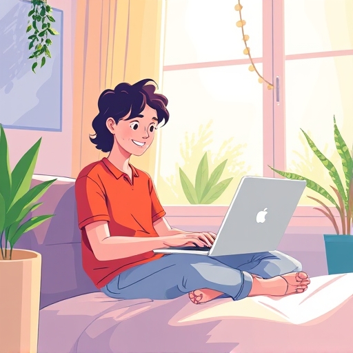 在家網路兼職的自由機會，一個人快樂地使用筆電工作，周圍充滿自然光線與活力色彩