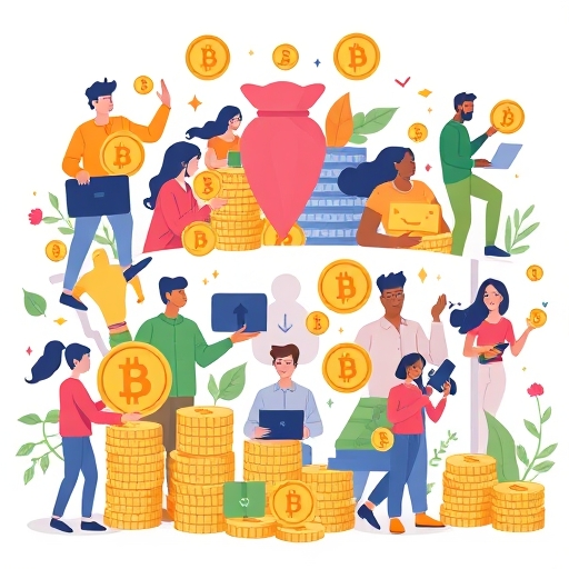 多樣化個體參與虛擬貨幣投資策略的風格化插圖，如持有幣種、獲利賣出和定期存款，充滿活力卻井然有序的視覺流