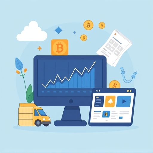 網路被動收入的風格化插圖，包括部落格、加密貨幣圖表與數位課程介面，呈現穩定收益的積木基礎