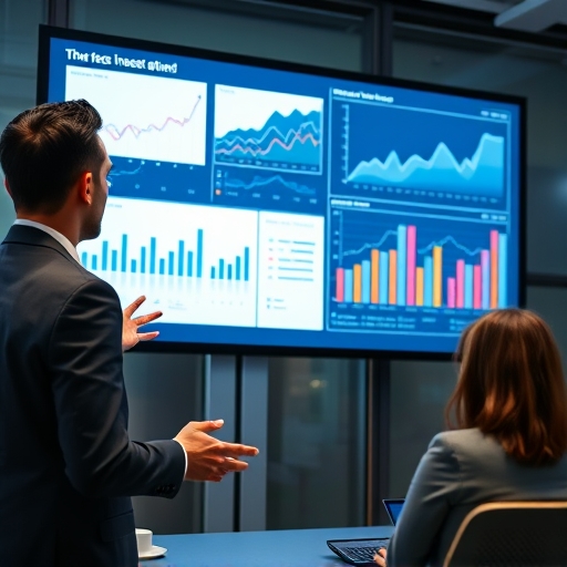 一位商務人士透過清晰影響力圖表和大螢幕呈現複雜數據，強調專業服裝和嚴肅氛圍