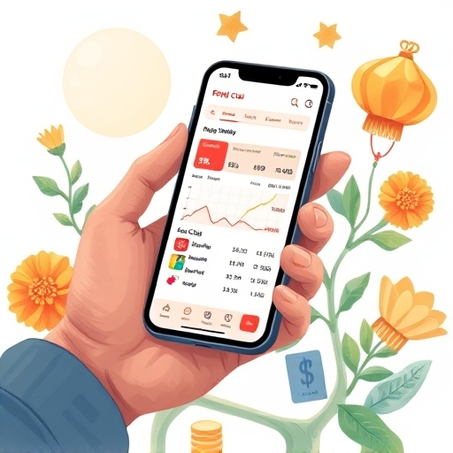 a close-up illustration of a person's hand holding a phone with the feng cun gu app interface open showing a growing stock portfolio with surrounding positive financial elements