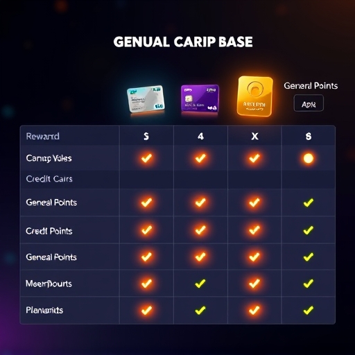 a comparison chart showing credit card rewards with glowing icons representing muji dollars and general points in a bright digitally enhanced style