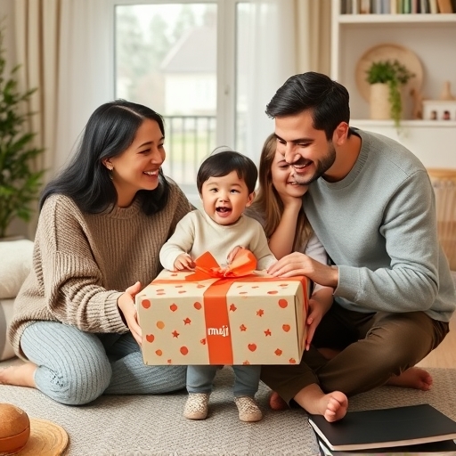 a joyful scene of a family receiving a birthday gift box adorned with muji branding inside a cozy Scandinavian-style living room