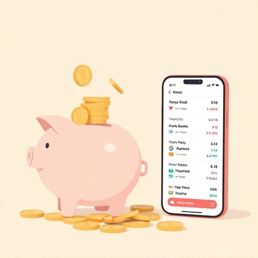 a minimalist illustration of a piggy bank overflowing with coins next to a phone app displaying investment options for stocks and ETFs soft color palette
