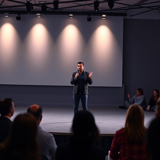 一位自信站上舞台的人，正向專注聽眾呈現簡潔現代的簡報，燈光柔和視覺乾淨