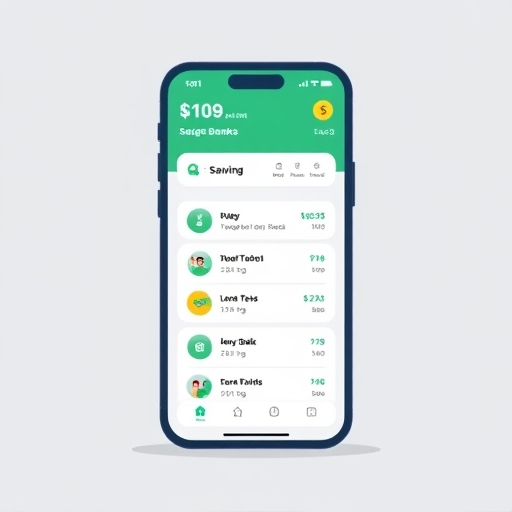 a simplified flat illustration depicting a user easily navigating a clean and intuitive mobile banking app interface to manage savings and transactions