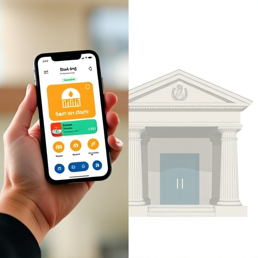 a split image showing a hand holding a smartphone with a banking app interface on one side and a physical bank branch on the other symbolizing digital convenience and traditional security