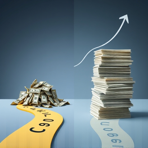a split screen visual showing two distinct paths one leading to a pile of cash representing cash dividends and the other to a growing stack of stock certificates representing stock dividends with a subtle upward trend