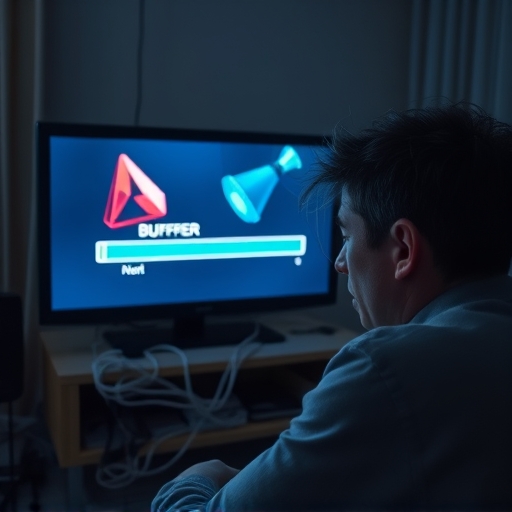 a stressed person looking at a buffering video screen with a tangled cable mess and a dimly lit room symbolizing poor internet connection issues