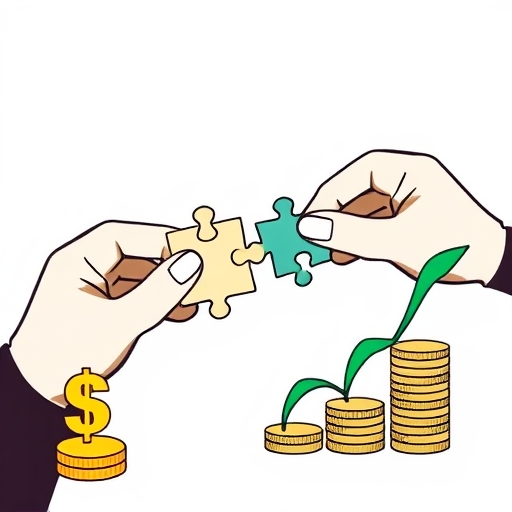 手部拼湊拼圖的風格插圖，旁邊成長的金錢符號，象徵透過專注努力與技能發展建構收入的概念，並有清晰進度視覺化