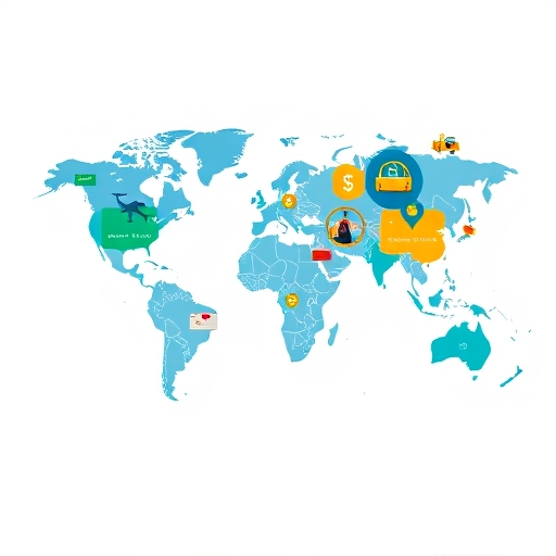 a stylized world map made of credit cards with travel icons and currency symbols highlighting optimized overseas spending and travel benefits in a bright optimistic art style