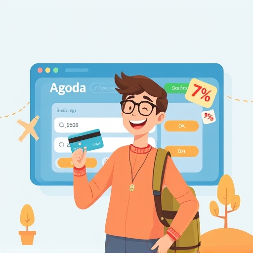 旅人興奮握著信用卡在 Agoda 預訂畫面前，浮現 7% 符號和小樹點元素，適合國泰 CUBE 卡 Agoda 回饋拆解