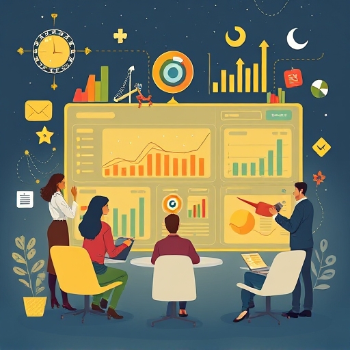 多樣化商業專業人士圍繞發光數據儀表板合作的奇幻插圖，分析關鍵績效指標並驅動策略決策