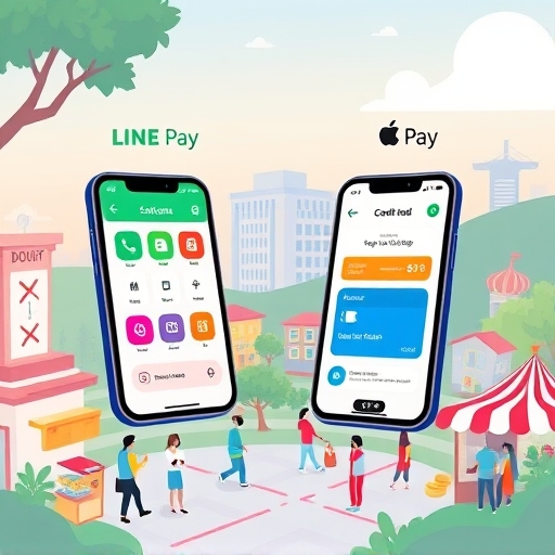 an animated infographic showing diverse mobile payment options like LINE Pay and Apple Pay with credit cards seamlessly integrated offering high cashback percentages in a vibrant digital landscape