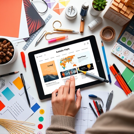 一位藝術家細心在數位平板上創作視覺吸引的簡報模板，周圍環繞多樣設計元素和色彩調色盤