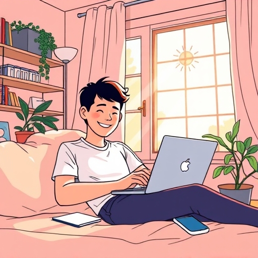 一位人在家愉快使用筆電工作的插圖，陽光灑入窗戶象徵在家兼職的彈性與生產力