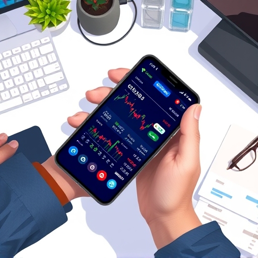 手持智慧手機顯示玉山 e-Trader 介面的俯視插圖，包含交易圖表