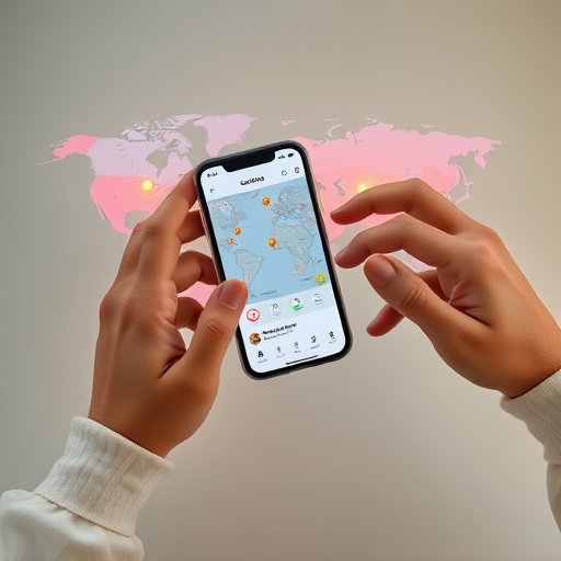 俯視雙手操作智慧手機顯示國泰 CUBE App 介面，疊加世界地圖與旅行圖示及閃耀獎勵點數，適合權益切換時機討論