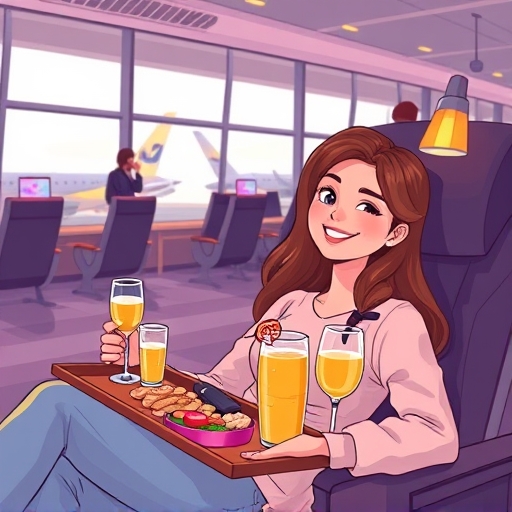 charming illustration depicting a smiling person relaxing in a plush airport lounge with a tray of drinks and snacks subtle warm lighting and a cozy inviting atmosphere