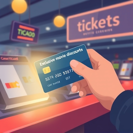 手持信用卡靠近國賓影城售票櫃檯的特寫插圖，卡片散發光芒暗示獨家電影折扣，親切風格