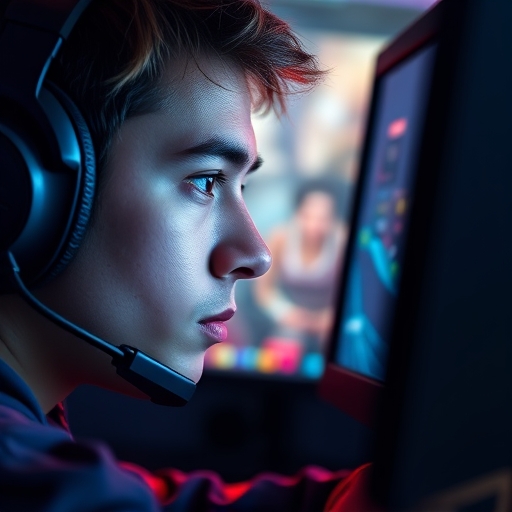 close-up illustration of a gamer's focused face illuminated by a monitor displaying a fast-paced game with smooth lag-free action indicated by subtle motion lines