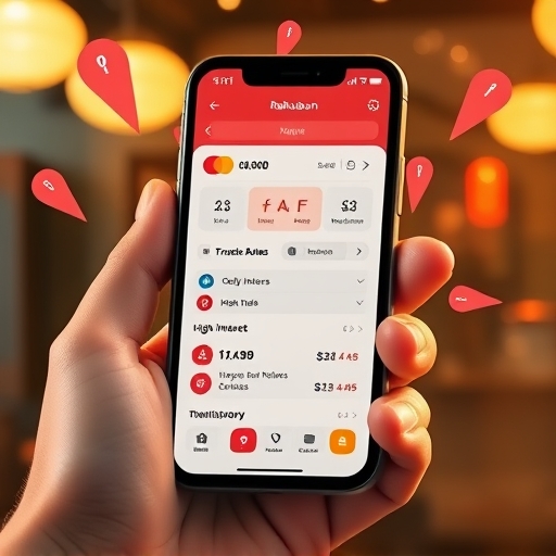 close-up illustration of a hand holding a mobile phone displaying the rakuten bank app showing high interest rates and transaction history with vibrant point icons floating enticingly around the screen warm and inviting lighting