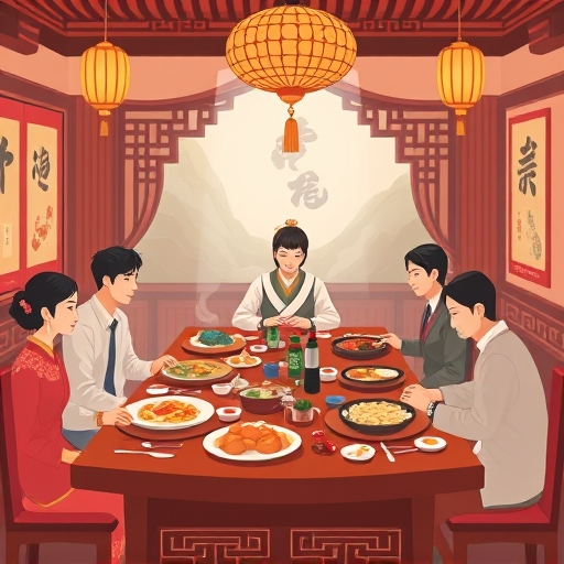 cozy illustration depicting a traditional taiwanese banquet at shinyeh tai cuisine with various credit card offers subtly integrated into the scene