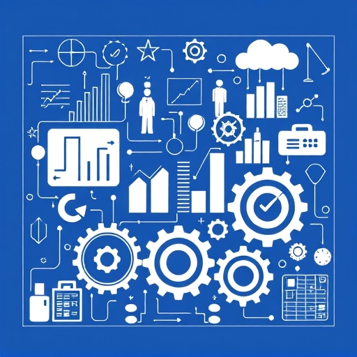 企業藍圖轉化為實際產品的插圖，展示營運效率與資源配置的齒輪與齒輪