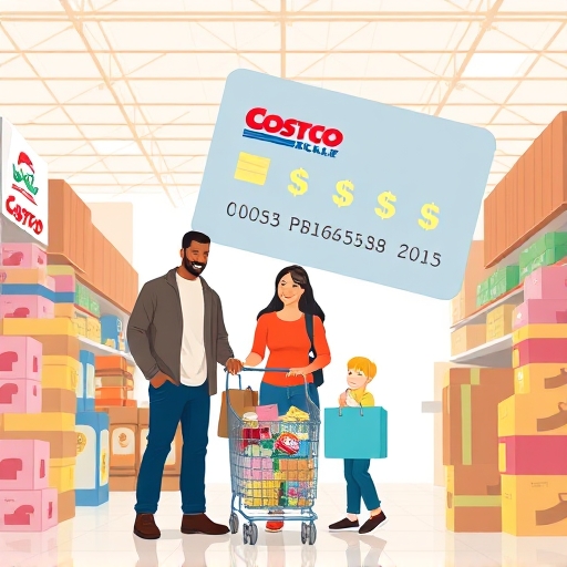 富邦 Costco 聯名卡好多金回饋家庭購物插圖,展示多元家庭在明亮好市多賣場快樂購物,周圍堆滿產品與巨型信用卡美元符號