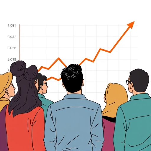 illustration of a diverse group of people looking at a chart showing a rising curve with ups and downs symbolizing the market's 'smile curve'