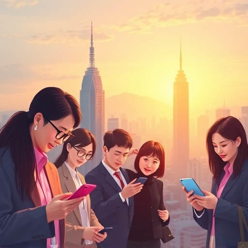 台灣投資者使用玉山 e-Trader 行動交易平台的插圖，背景為城市景觀