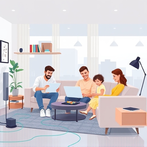 illustration of a family happily using various internet devices in a modern living room with a fiber optic cable subtly integrated into the design