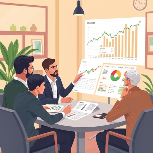 illustration of a financial advisor explaining stock dividends to a diverse group of attentive investors with charts and graphs in a warm modern office setting