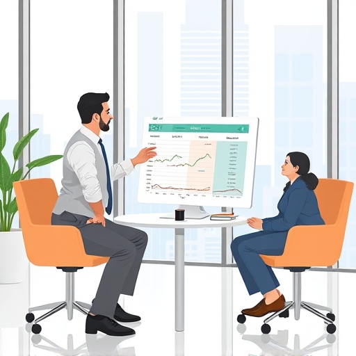 illustration of a financial advisor showing a comparison chart of three different ETFs to an interested investor in a modern office