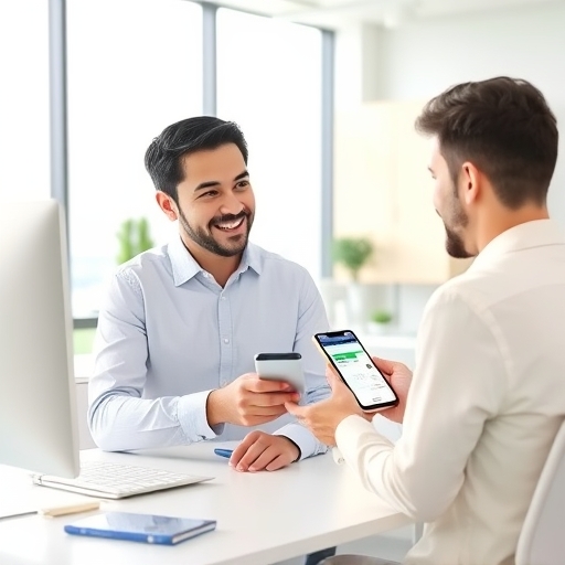 金融顧問向新手投資者解釋玉山 e-Trader 功能的辦公室插圖