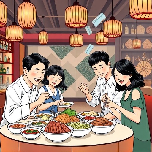illustration of a happy family enjoying a lavish buffet at shinyeh japanese restaurant with subtle credit card icons floating around