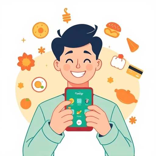 illustration of a happy person using a smartphone displaying the Feng Pay app surrounded by stylized food icons and credit card symbols with a warm color palette