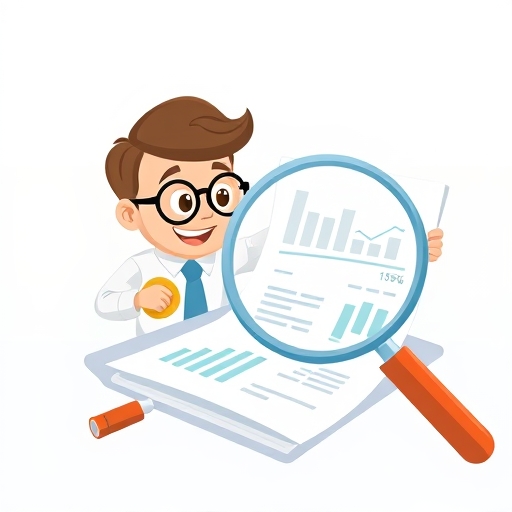 illustration of a magnifying glass hovering over credit reports and documents with a friendly banking character overseeing in a clean and informative art style