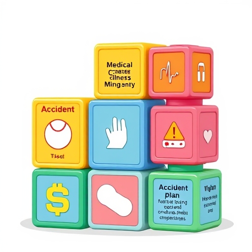 illustration of a modular insurance plan visually represented by interlocking building blocks each signifying a different type of coverage like medical critical illness and accident with vibrant playful colors