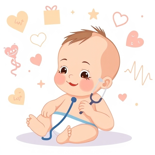 illustration of a newborn baby undergoing simple medical checkups like listening heart with doctor's stethoscope with a backdrop of abstract health symbols and cheerful colors
