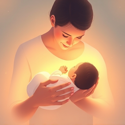 illustration of a nurturing parent gently holding a newborn baby surrounded by soft glowing light and subtle protective shield outlines peaceful color palette