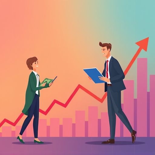 illustration of a person borrowing money from a stylized broker to buy stocks on a vibrant market chart with upward arrows