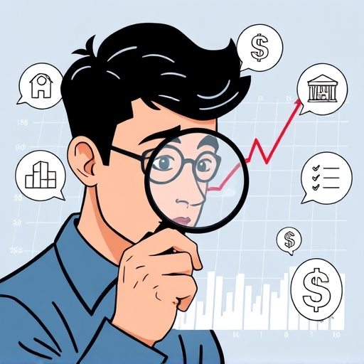 illustration of a person carefully examining a complex financial chart with a magnifying glass surrounded by icons representing interest and fees symbolizing hidden costs in trading
