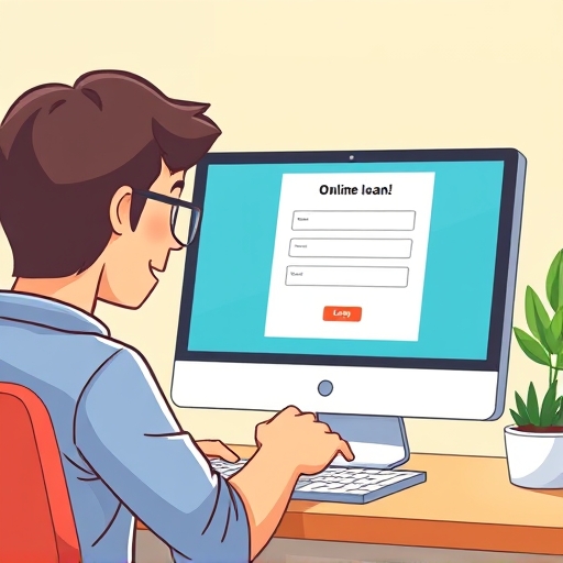 illustration of a person filling out an online loan application on a computer with a progress bar showing completion in a vibrant and friendly art style