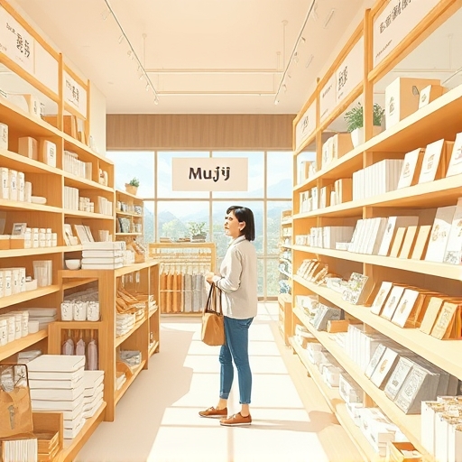 illustration of a person happily choosing home goods in a clean modern muji store bathed in soft natural light with warm wooden accents