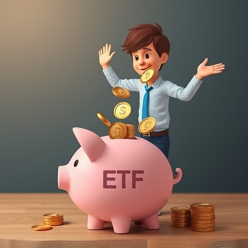 illustration of a person happily investing in ETFs with coins flowing into a piggy bank representing compounding growth