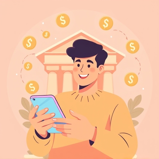 illustration of a person happily managing finances on a smartphone with rakuten bank app interface glowing softly digital currency symbols orbiting around a stylized bank building in a bright cheerful color palette