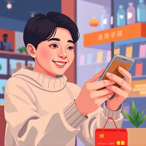 一位用戶開心地用手機在淘寶購物，將來銀行將將卡虛擬卡片在旁邊發光，象徵輕鬆完成線上支付